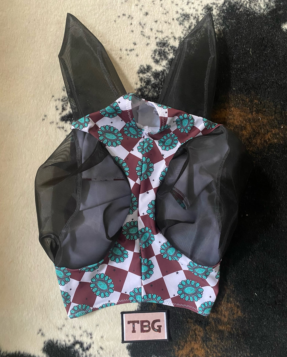 Rust Checkerprint and Turquoise Fly Mask