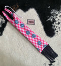 Turquoise and Pink Checkerprint Cinched Top Waterproof Tailbag with Black Fringe