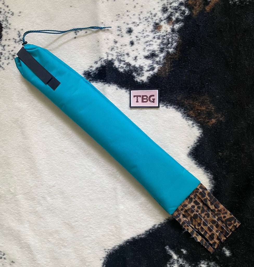 Turquoise Cinched Top Waterproof Tailbag with Cheetah Fringe